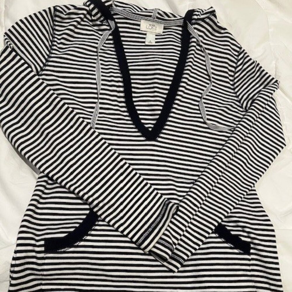 LOFT navy and White Striped V-Neck Pullover